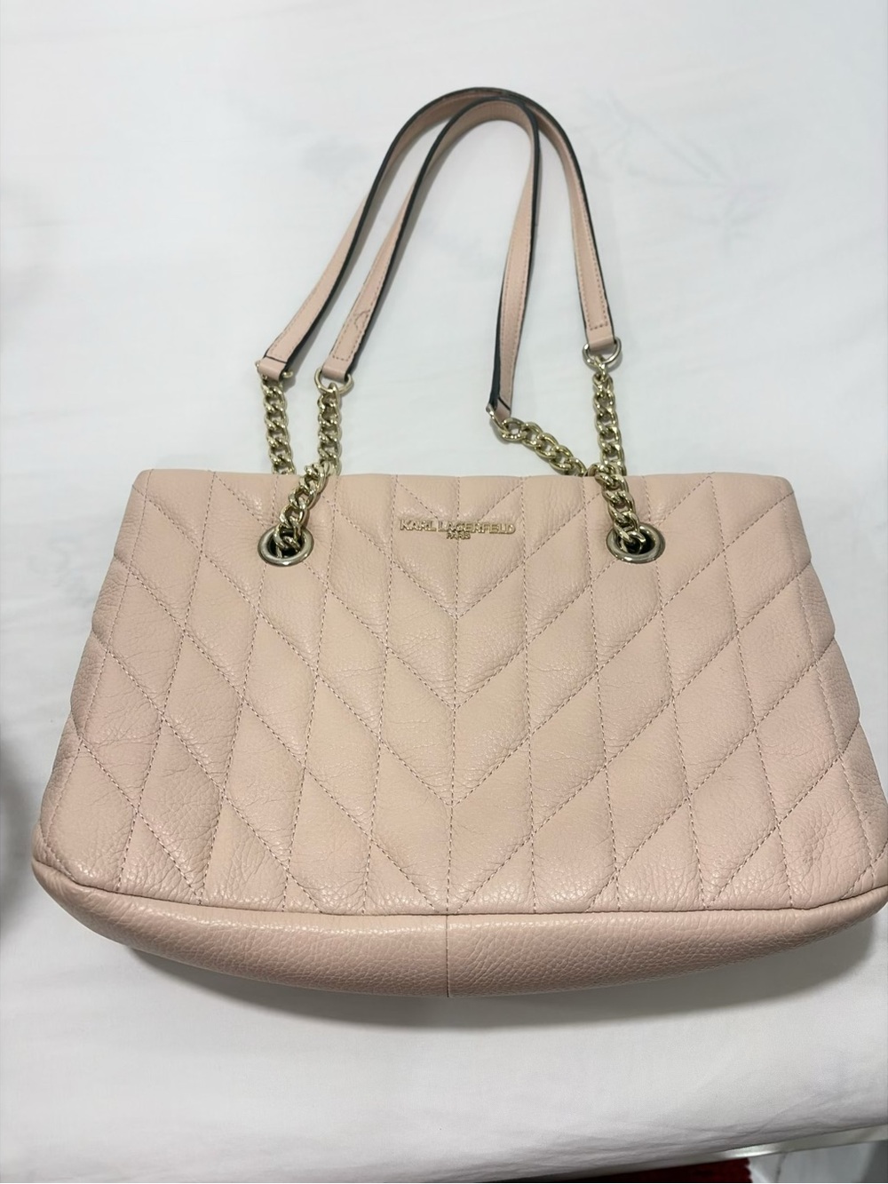 Karl Lagerfeld Quilted Shoulder Bag in Blush Pink with Gold Hardware